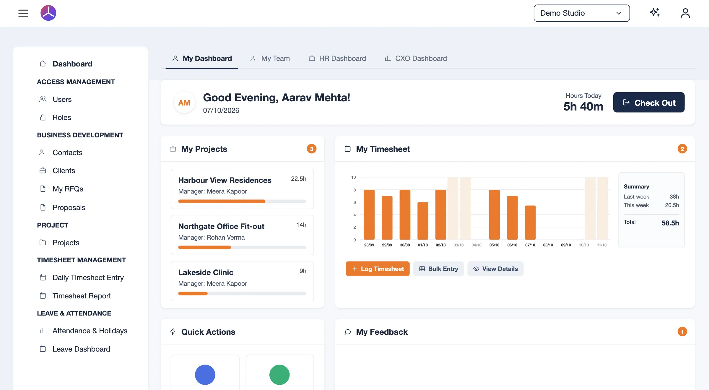 ERP360 personal dashboard with a daily check-in, assigned projects with progress, a two-week timesheet chart and quick actions to log time
